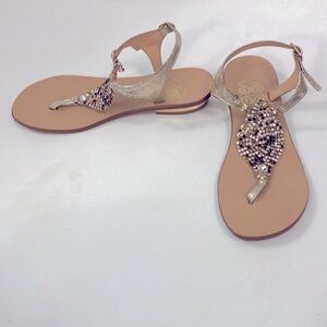 Positano 37 Sandal Shoe Gold Metallic Crystal Leather Adjustable Strap Excellent
